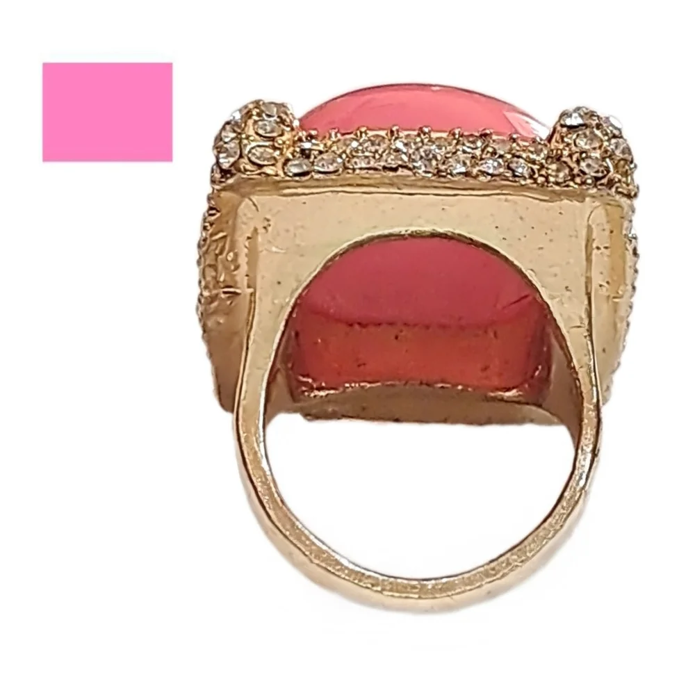 Vivid Hot Pink Faux Stone Gold Tone Ring with Rhinestones | Size 7